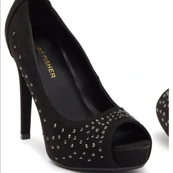 Marc Fisher Harpy Black rhinestone Studded Black Peep Toe Heels 7M - Picture 1 of 8